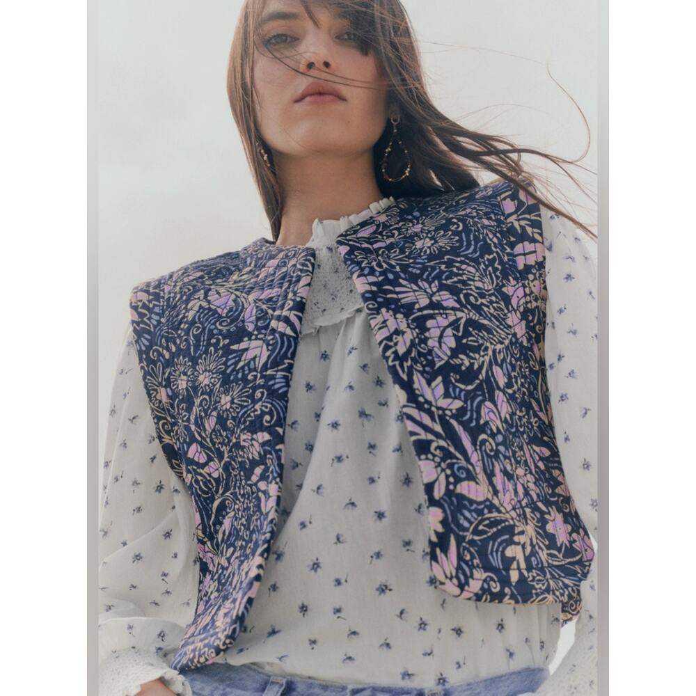 Mango Floral Quilted Cotton Gilet Vest Navy/Lilac Size Small NWOT Cottagecore